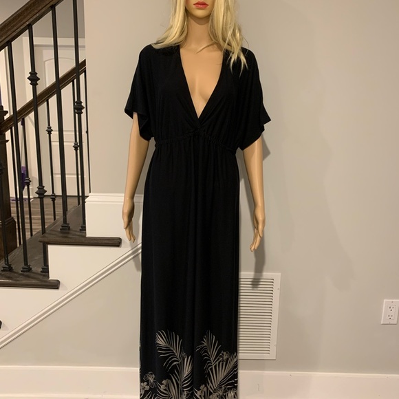 Swimsuits For All Other - Swimsuits For All Black Plunge Maxi cover-up with silver print leaf detail @ hem